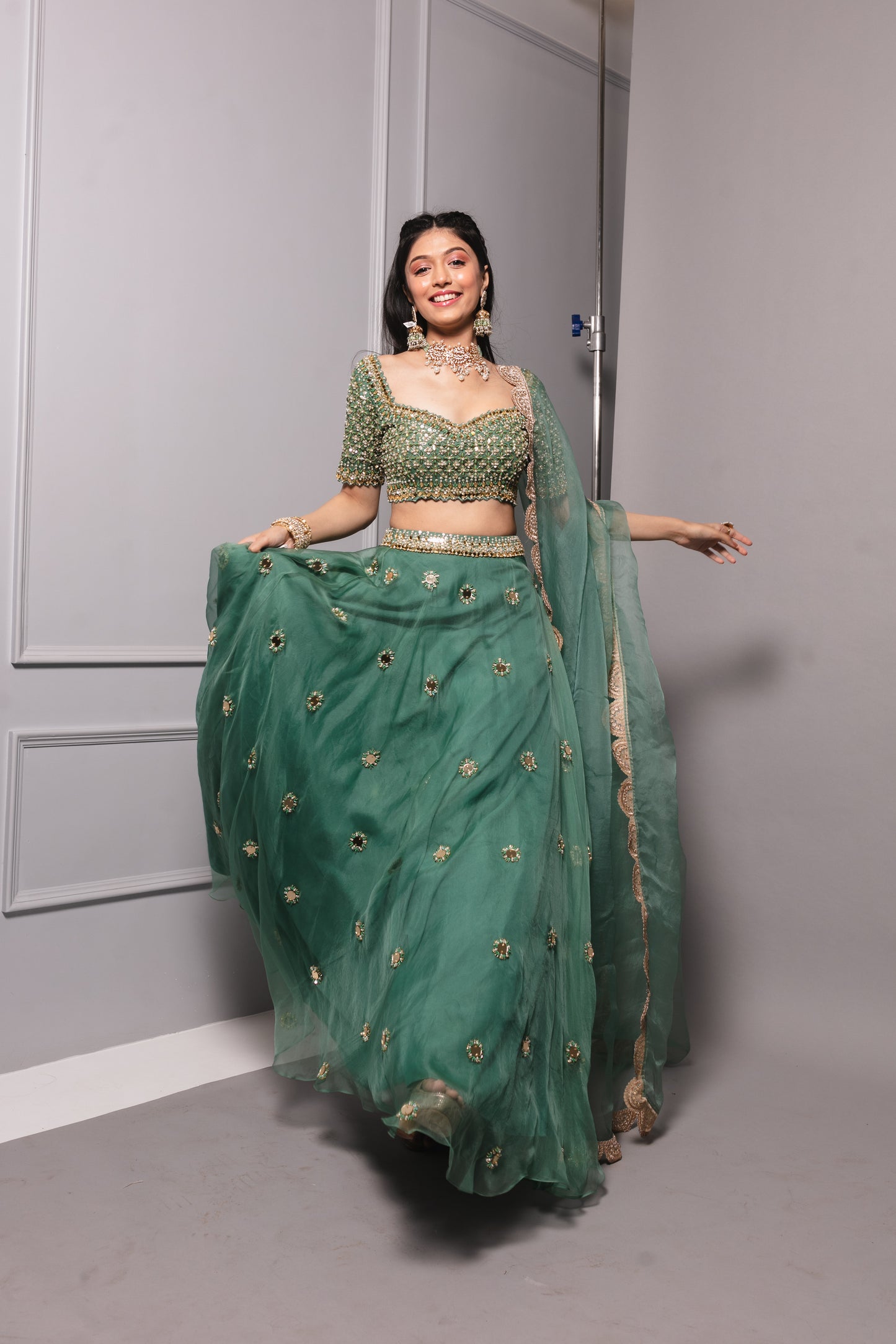 Teal Green Embroidered Lehenga Set