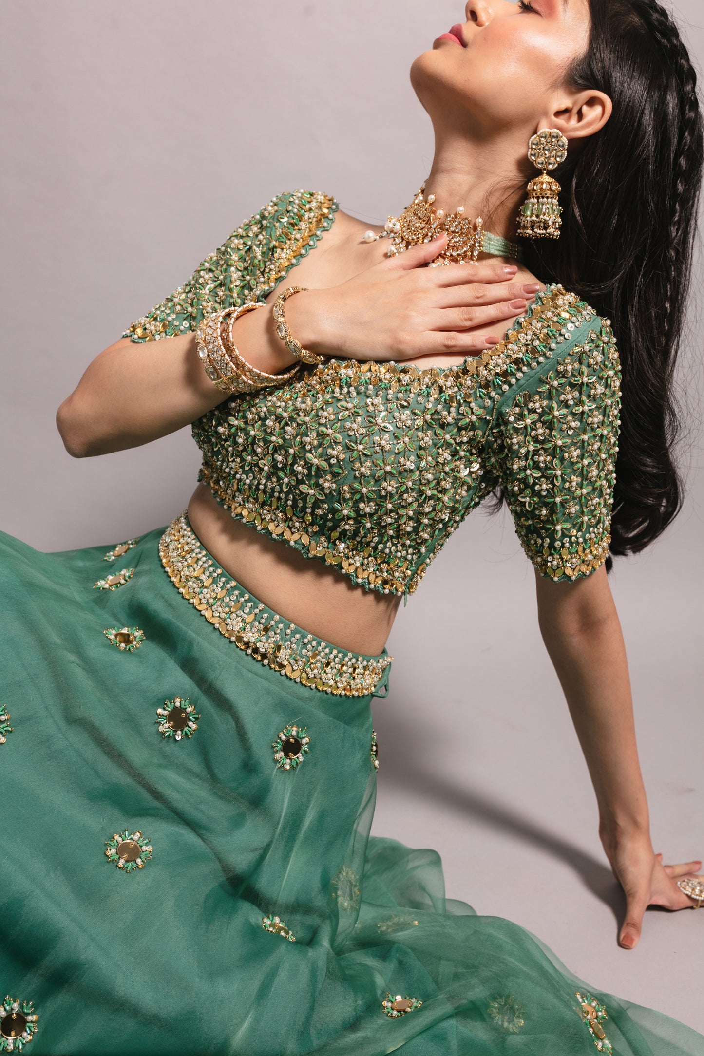 Teal Green Embroidered Lehenga Set