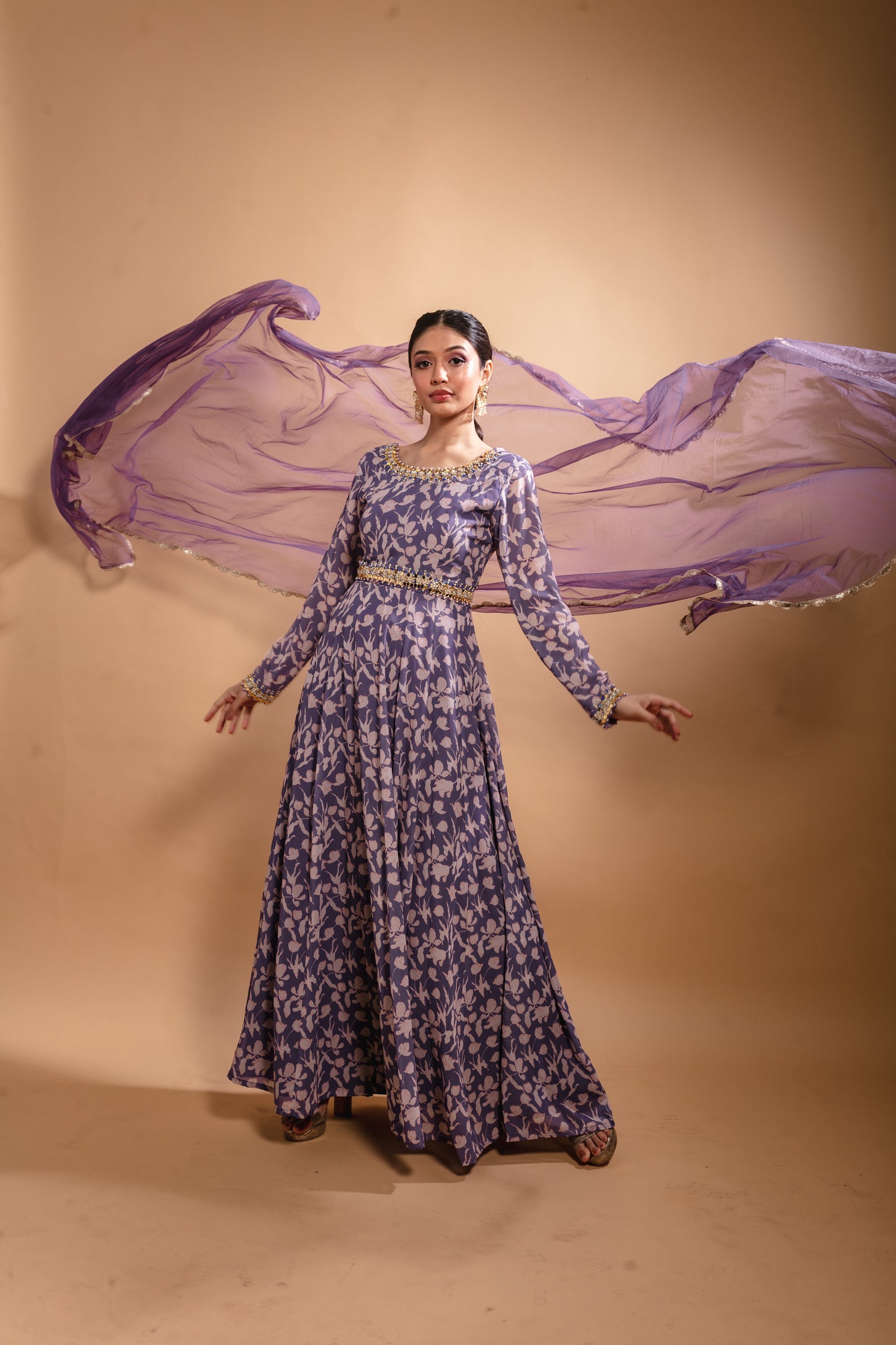 Purple Floral Printed Anarkali Set