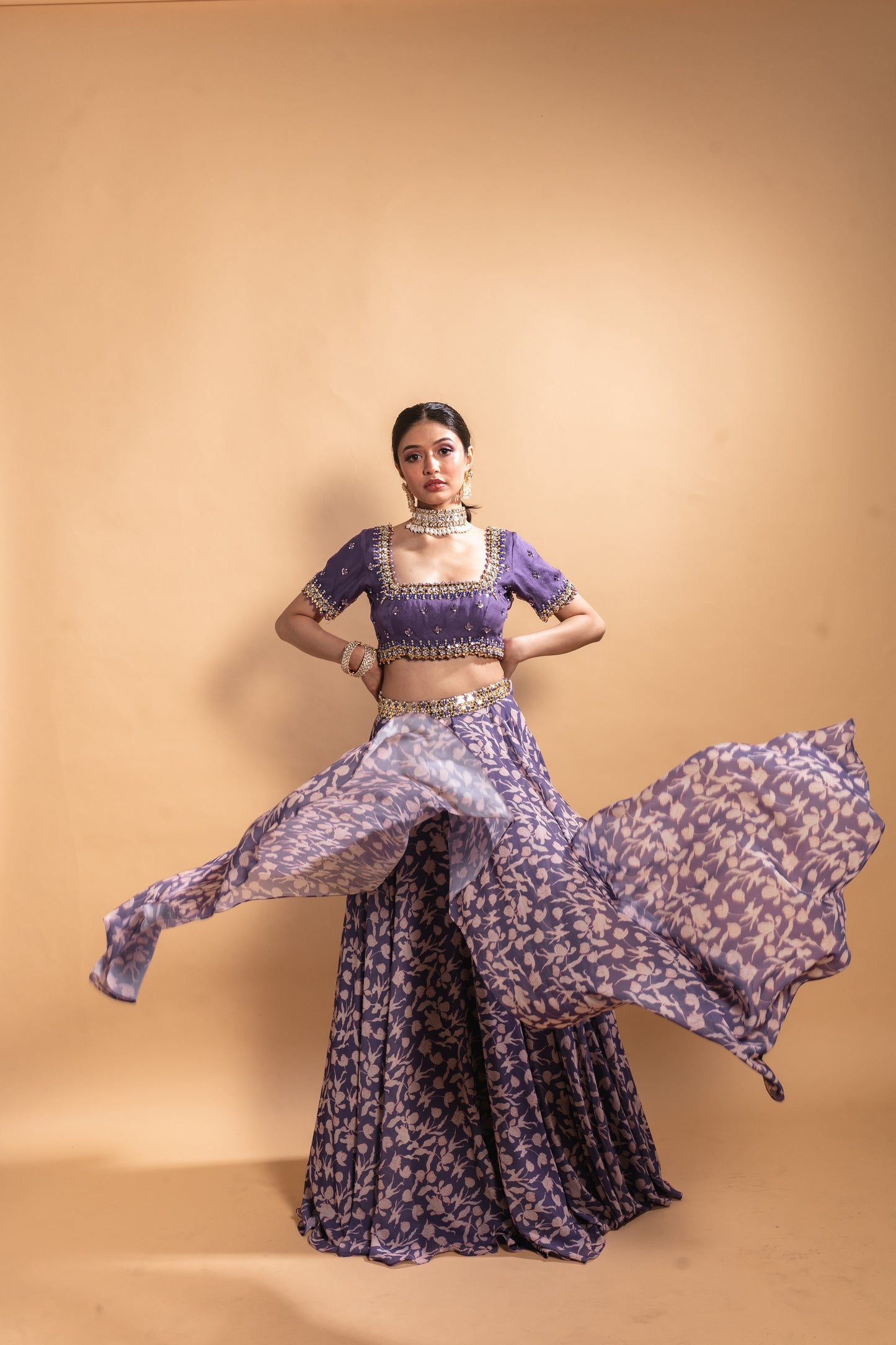 Purple Floral Printed Lehenga Set