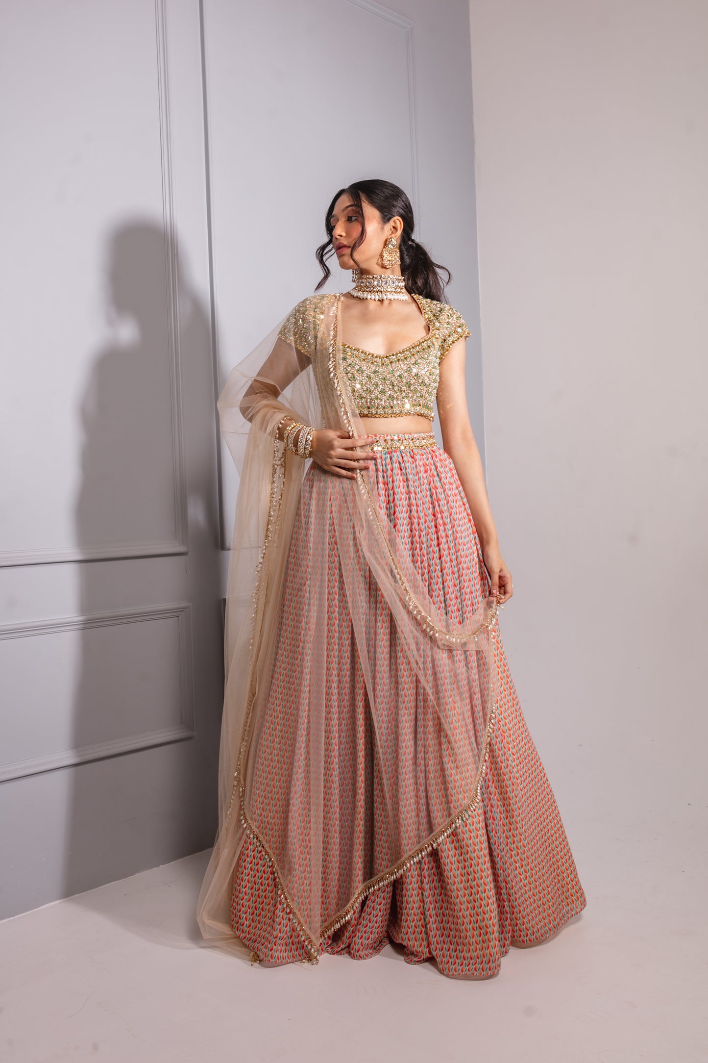 Beige Printed Lehenga Set