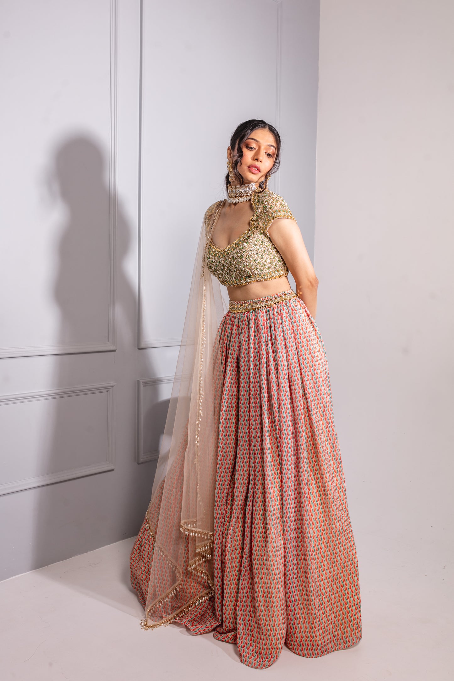 Beige Printed Lehenga Set