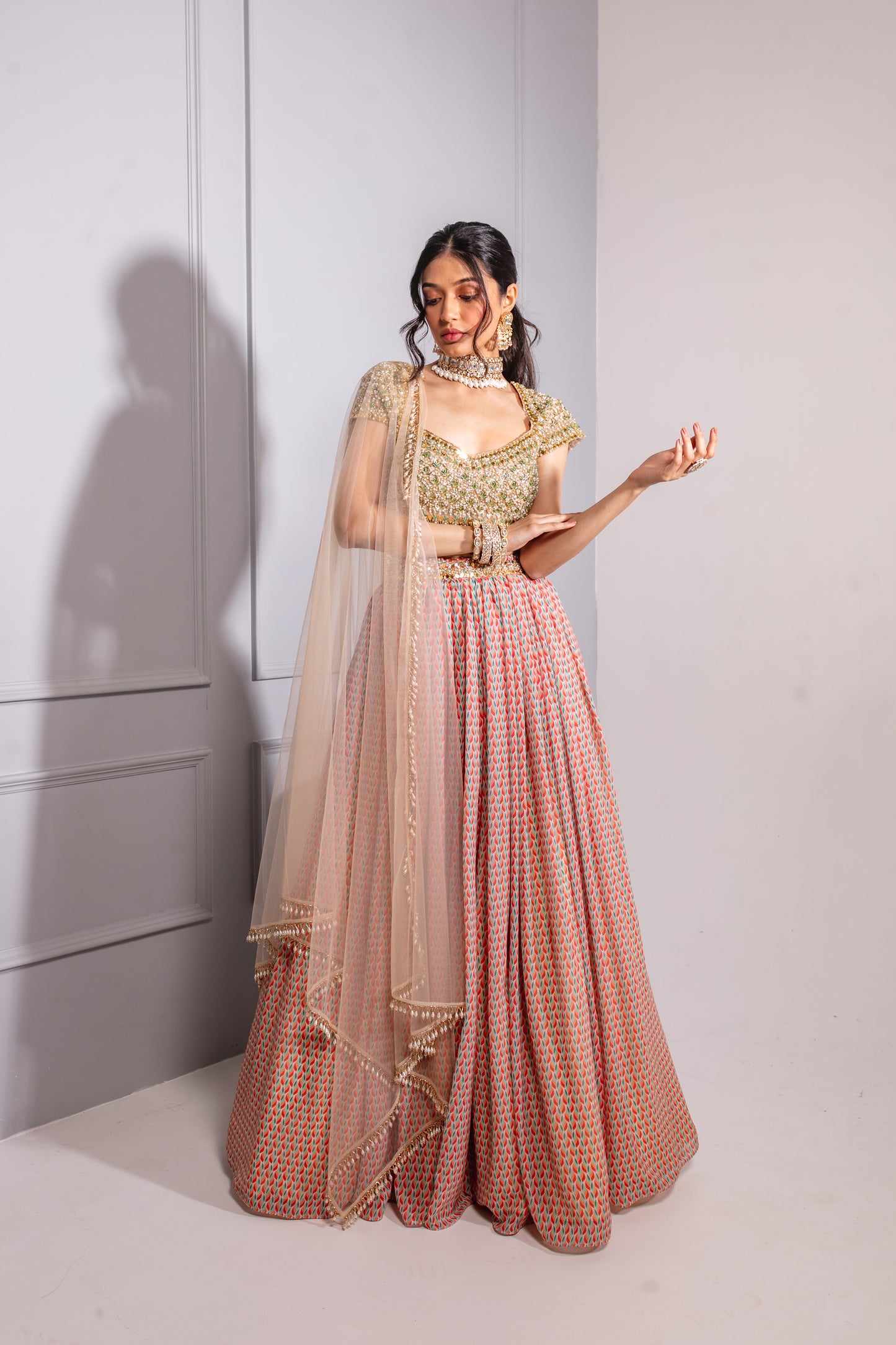 Beige Printed Lehenga Set