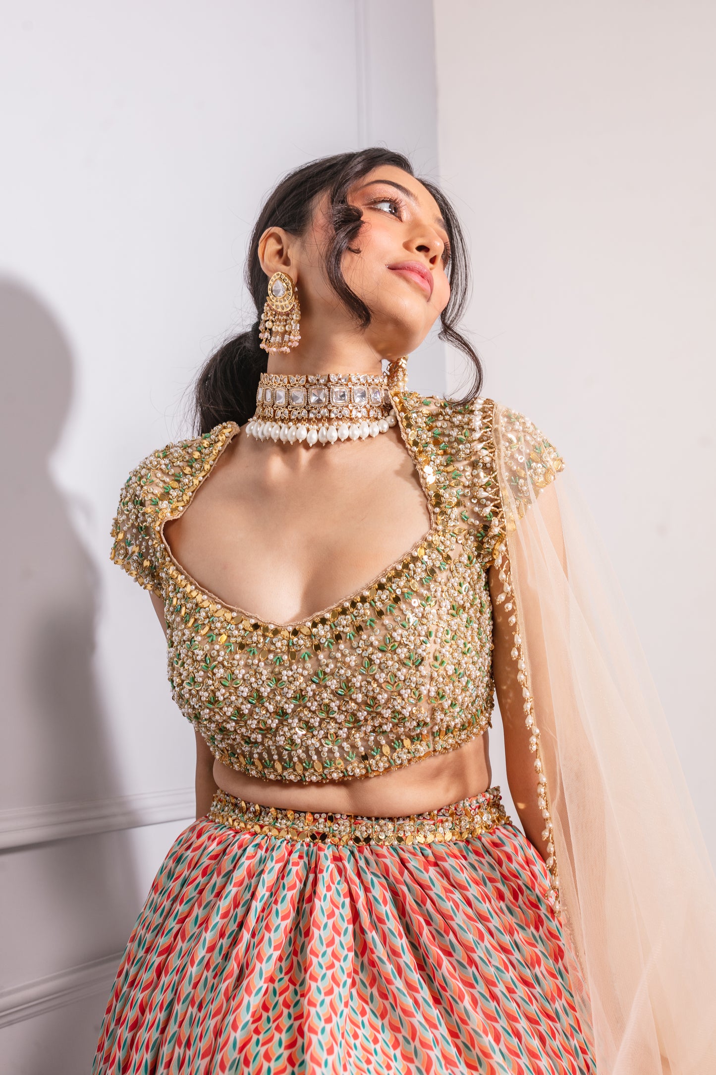 Beige Printed Lehenga Set