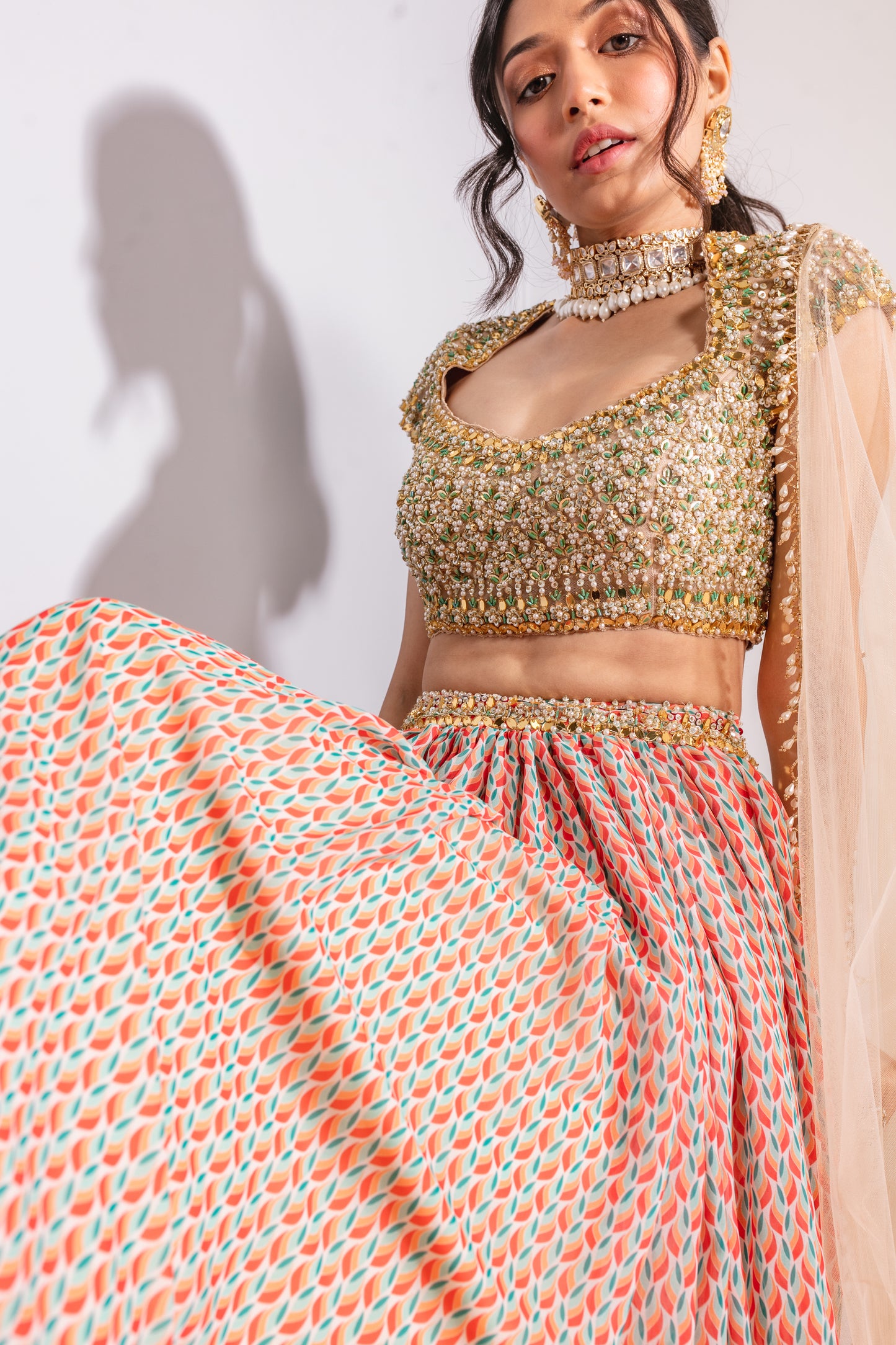 Beige Printed Lehenga Set