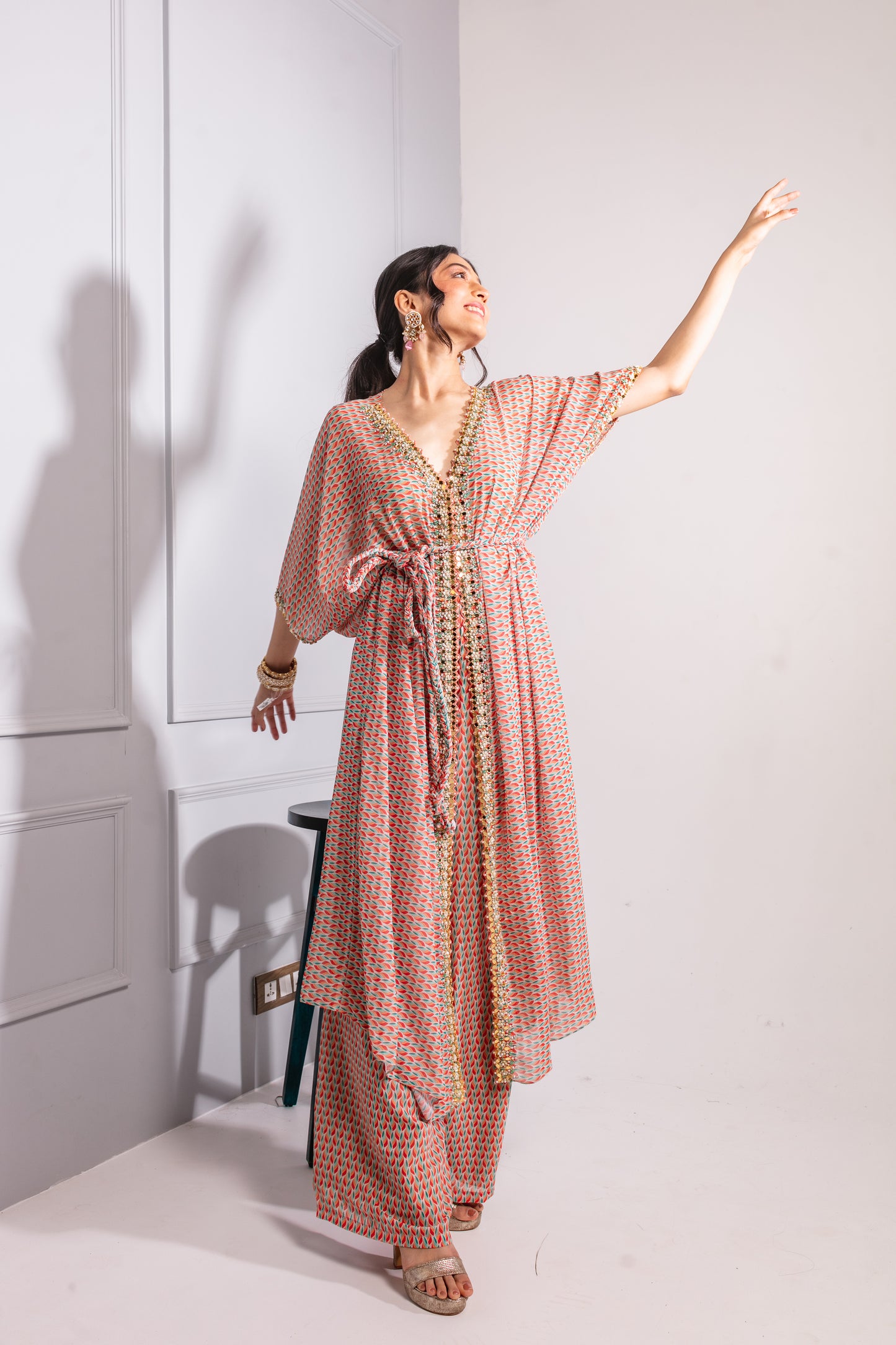 Beige Printed Kaftan Set