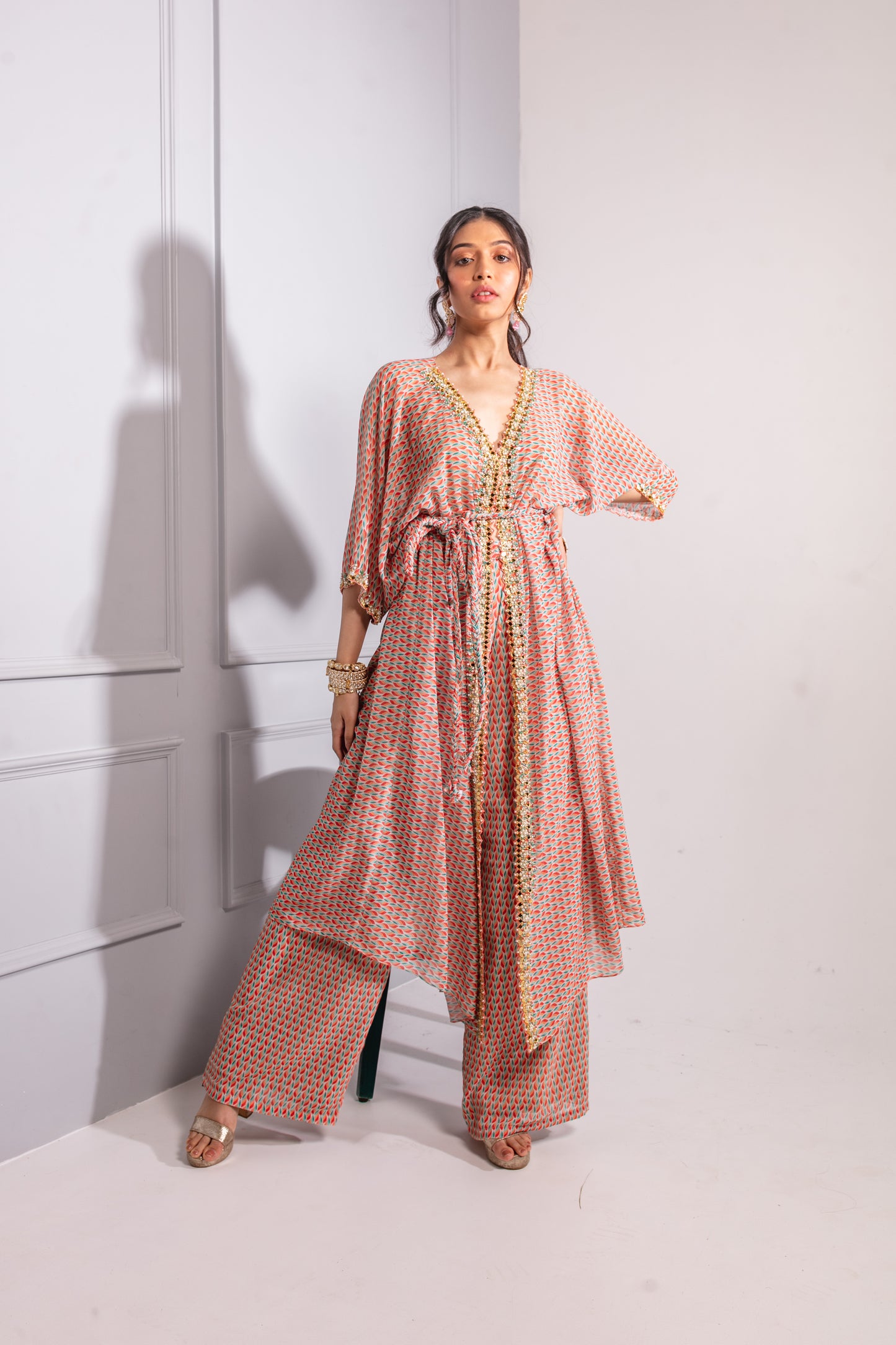 Beige Printed Kaftan Set