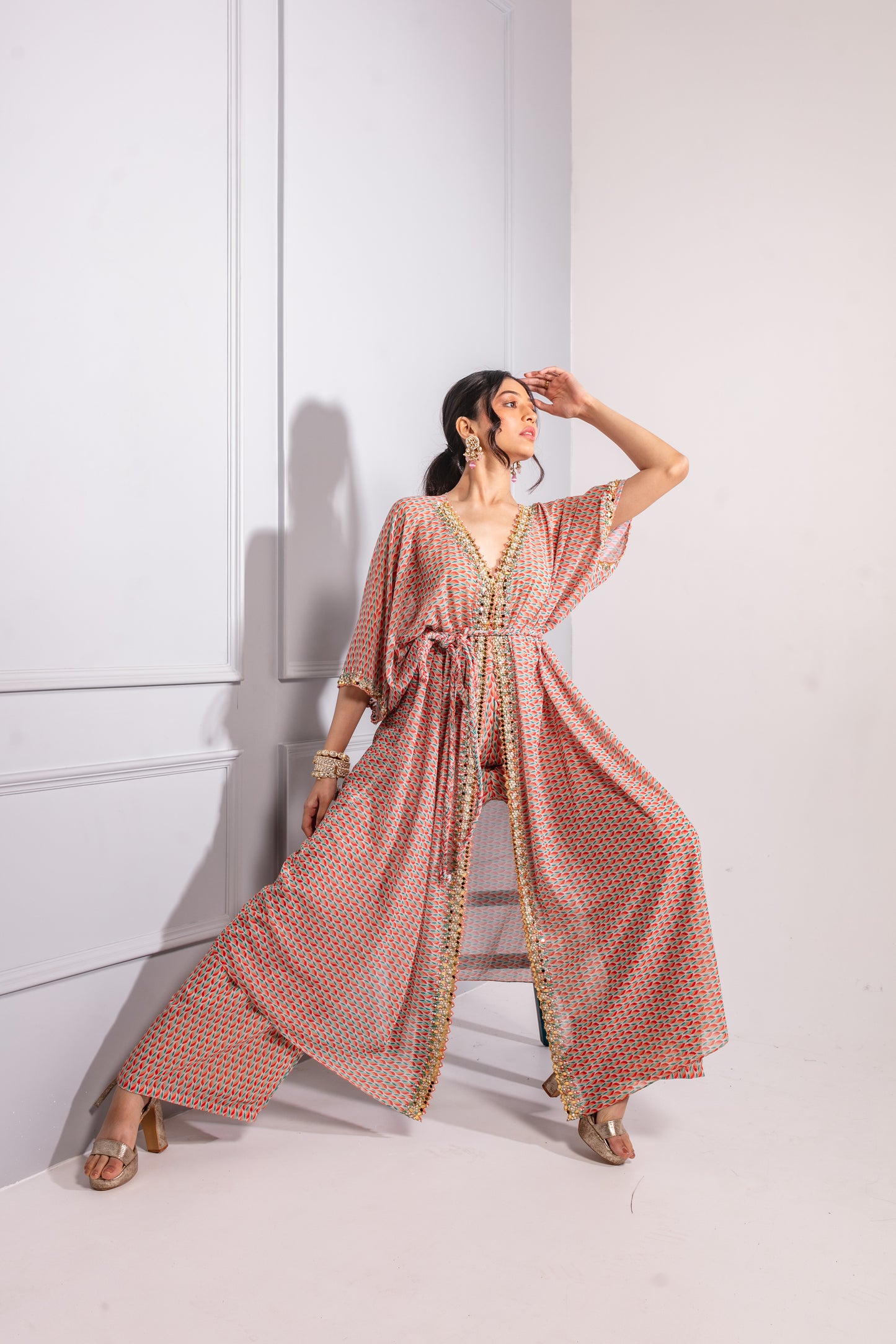 Beige Printed Kaftan Set