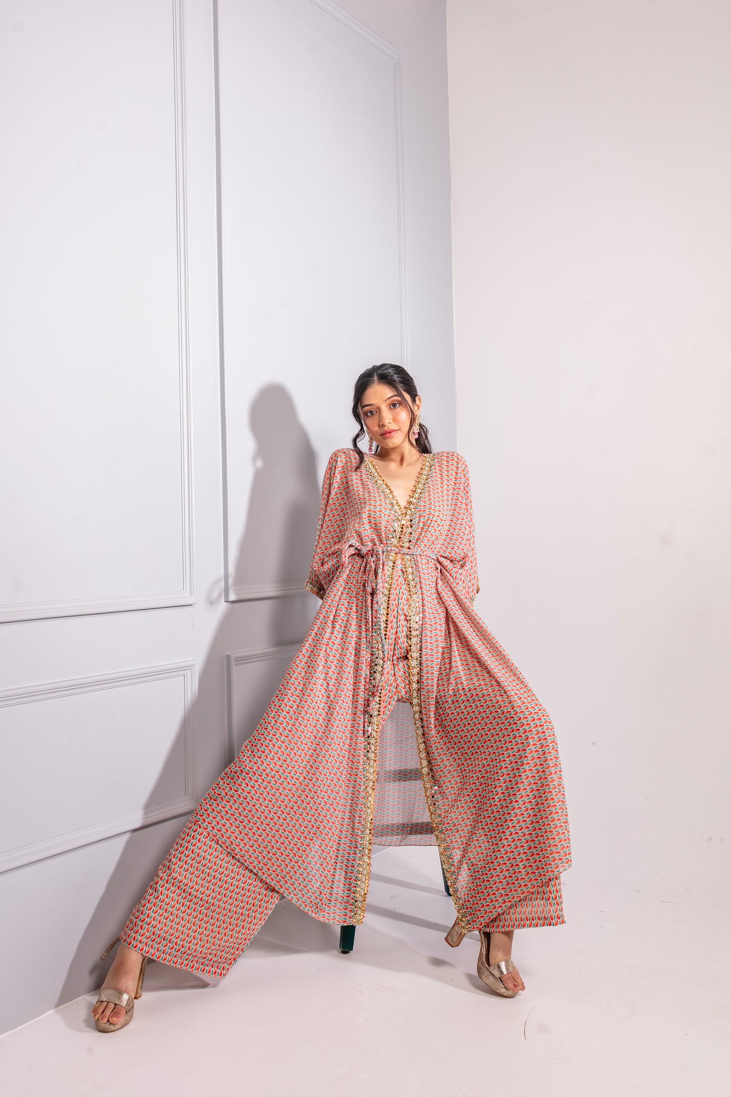 Beige Printed Kaftan Set