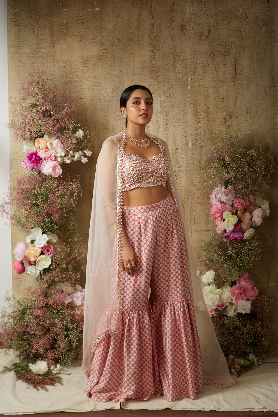 PINK SMALL PRINT SHARARA SET