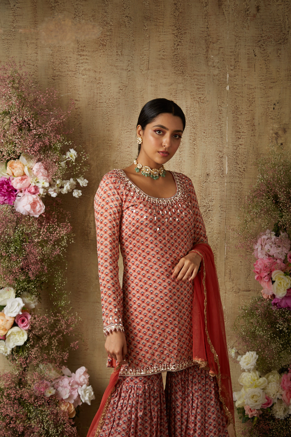 RED PRINT SHARARA SET