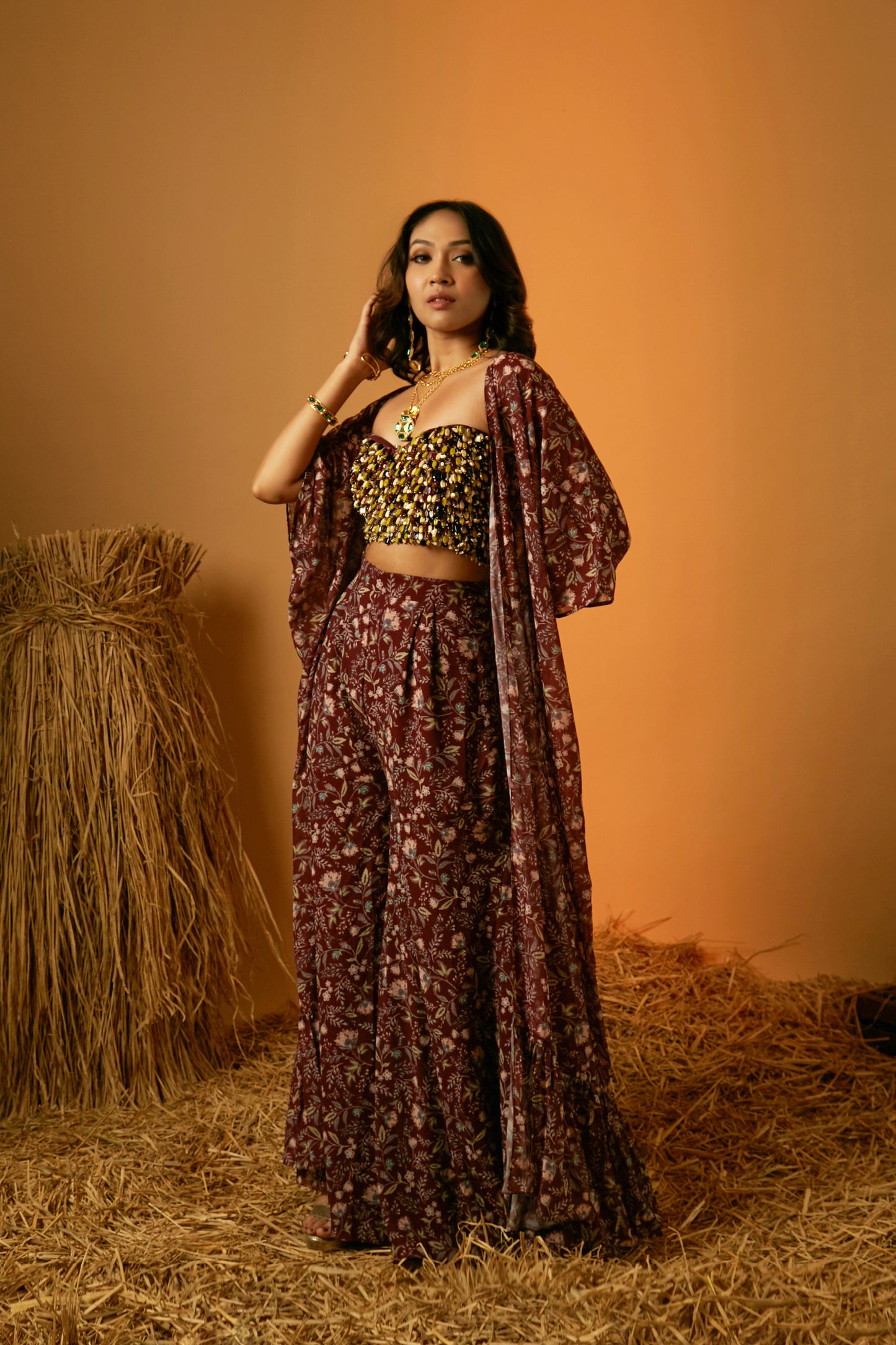 Maroon Poly Georgette Floral Printed Cape Set