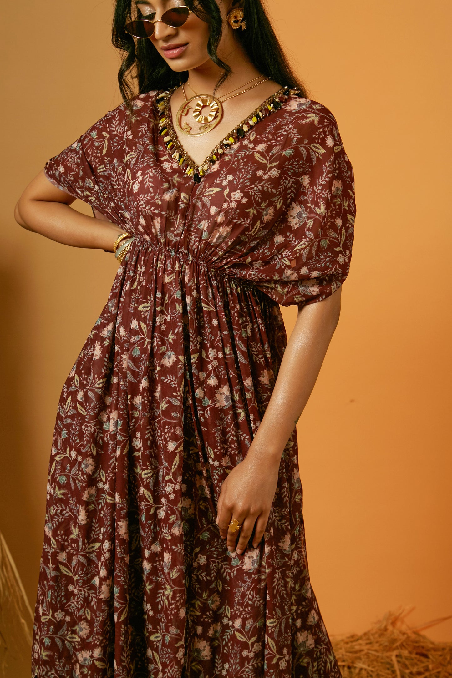 Maroon Poly Georgette Floral Printed Kaftan Set