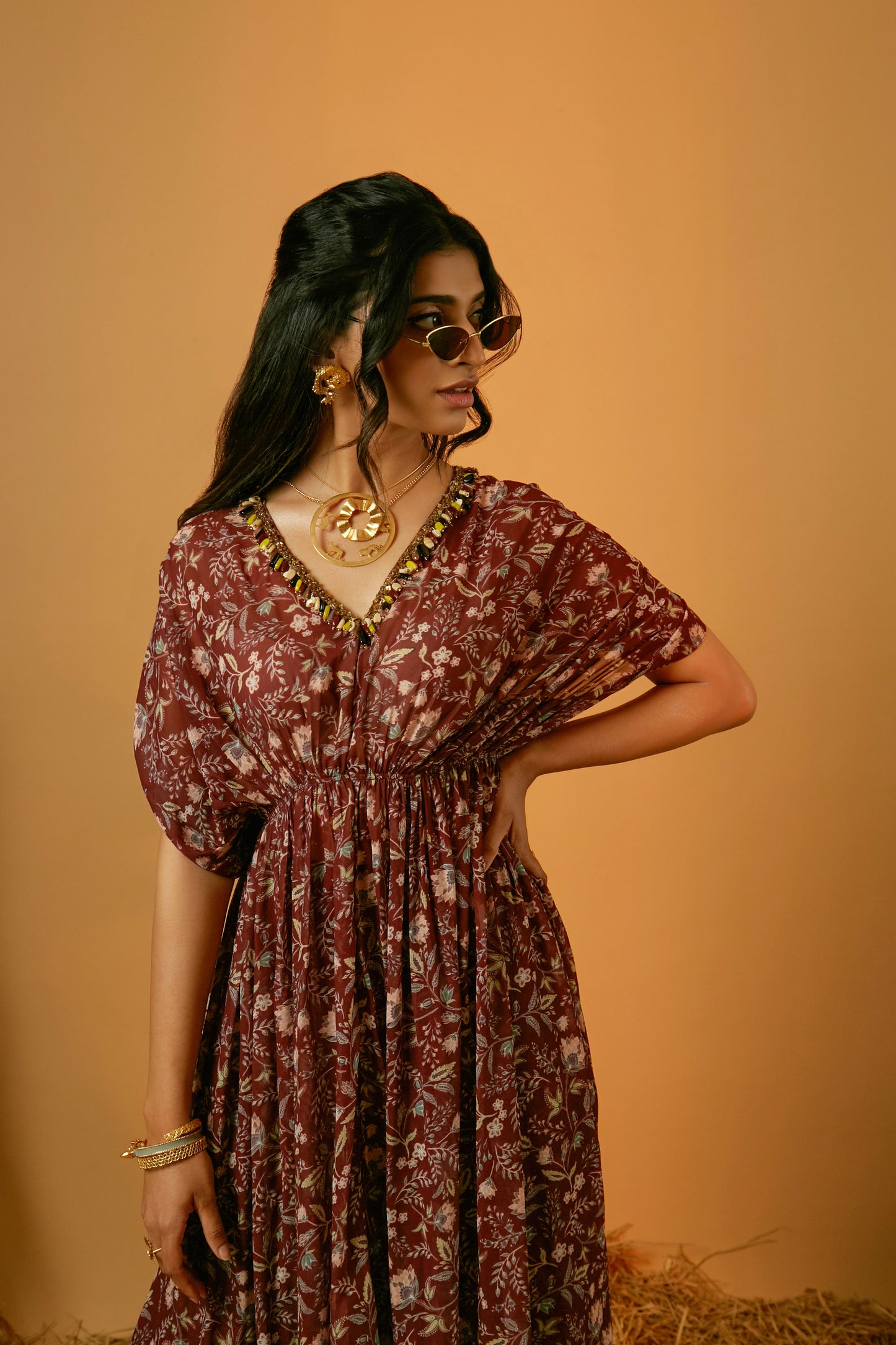 Maroon Poly Georgette Floral Printed Kaftan Set