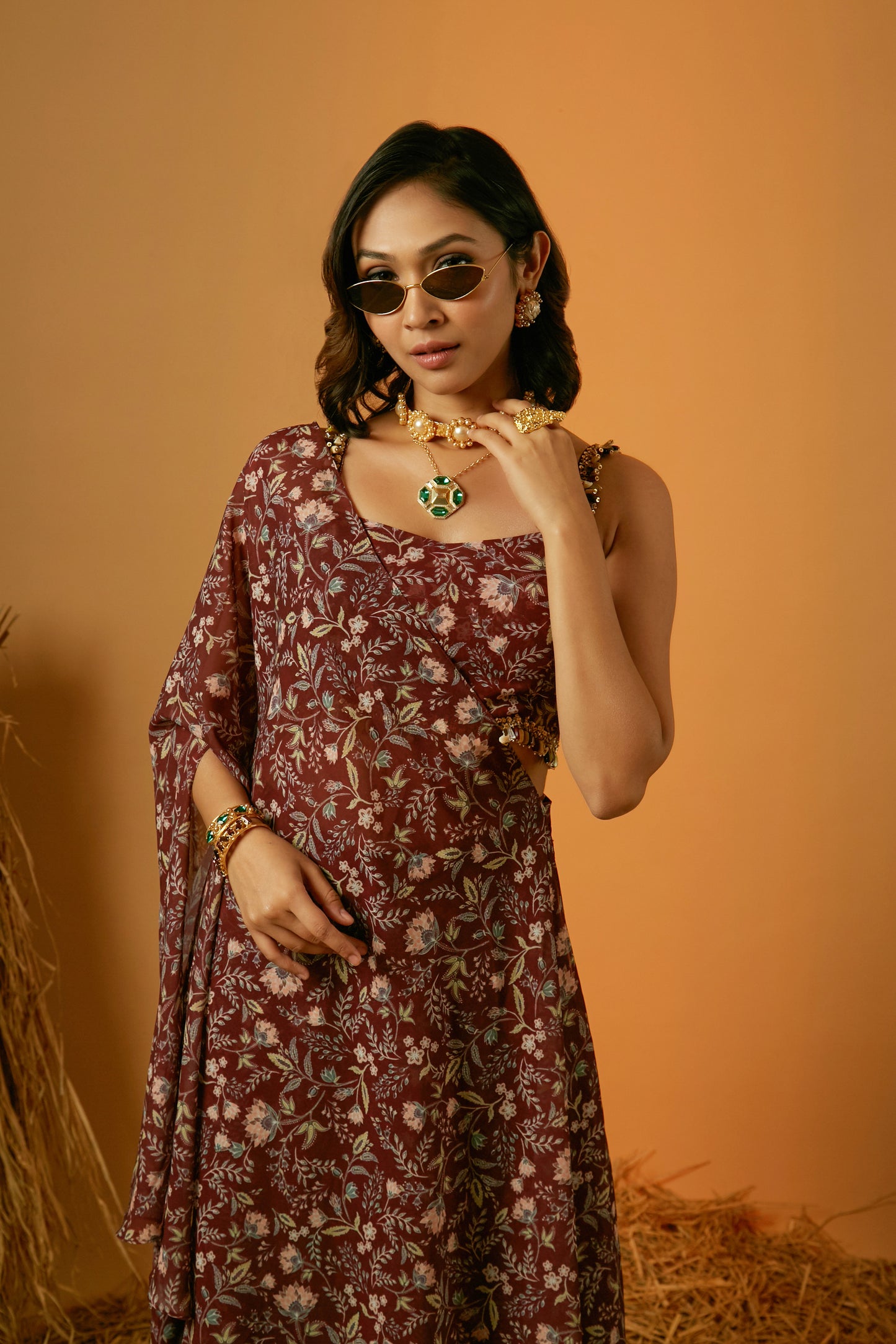 Maroon Poly Georgette Floral Printed Cape Set