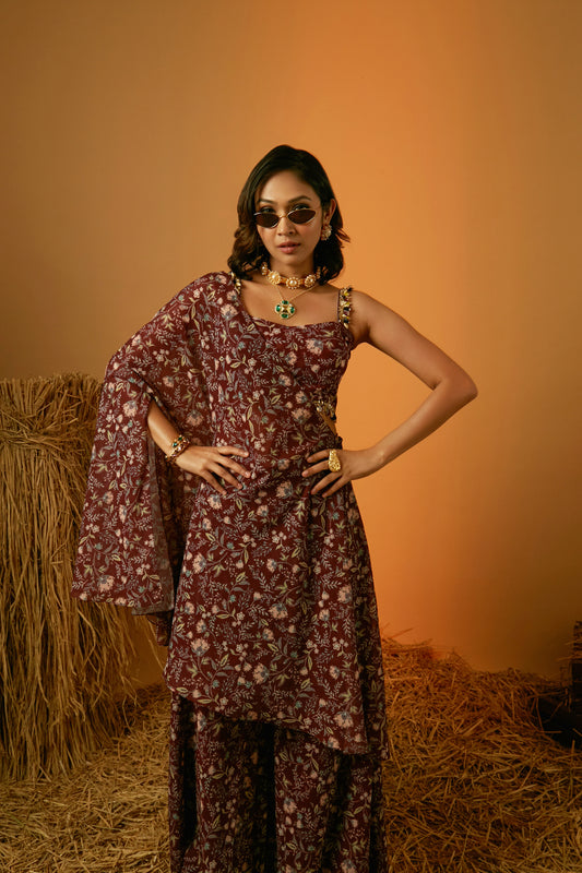 Maroon Poly Georgette Floral Printed Cape Set