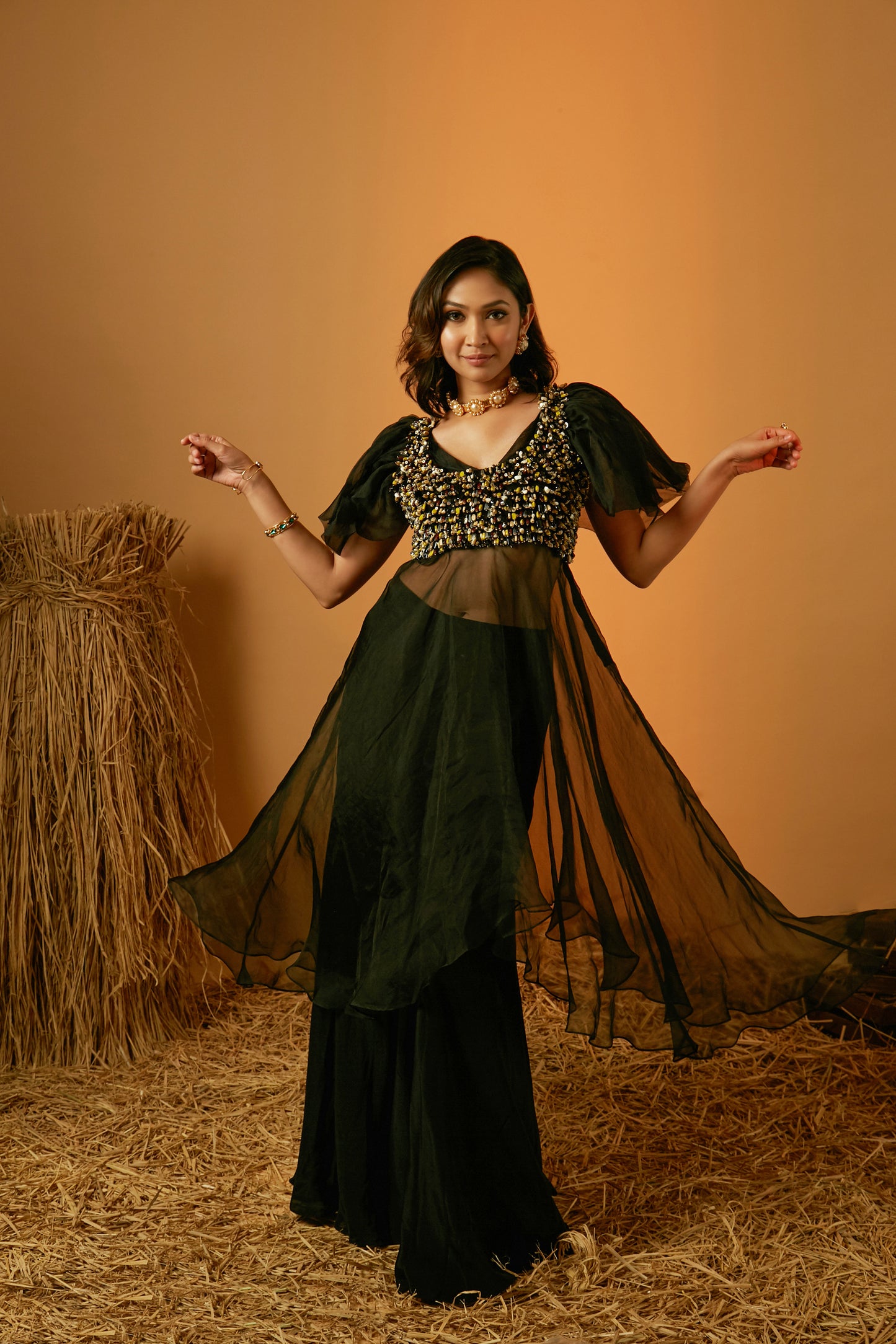 Black Crepe Sharara Set