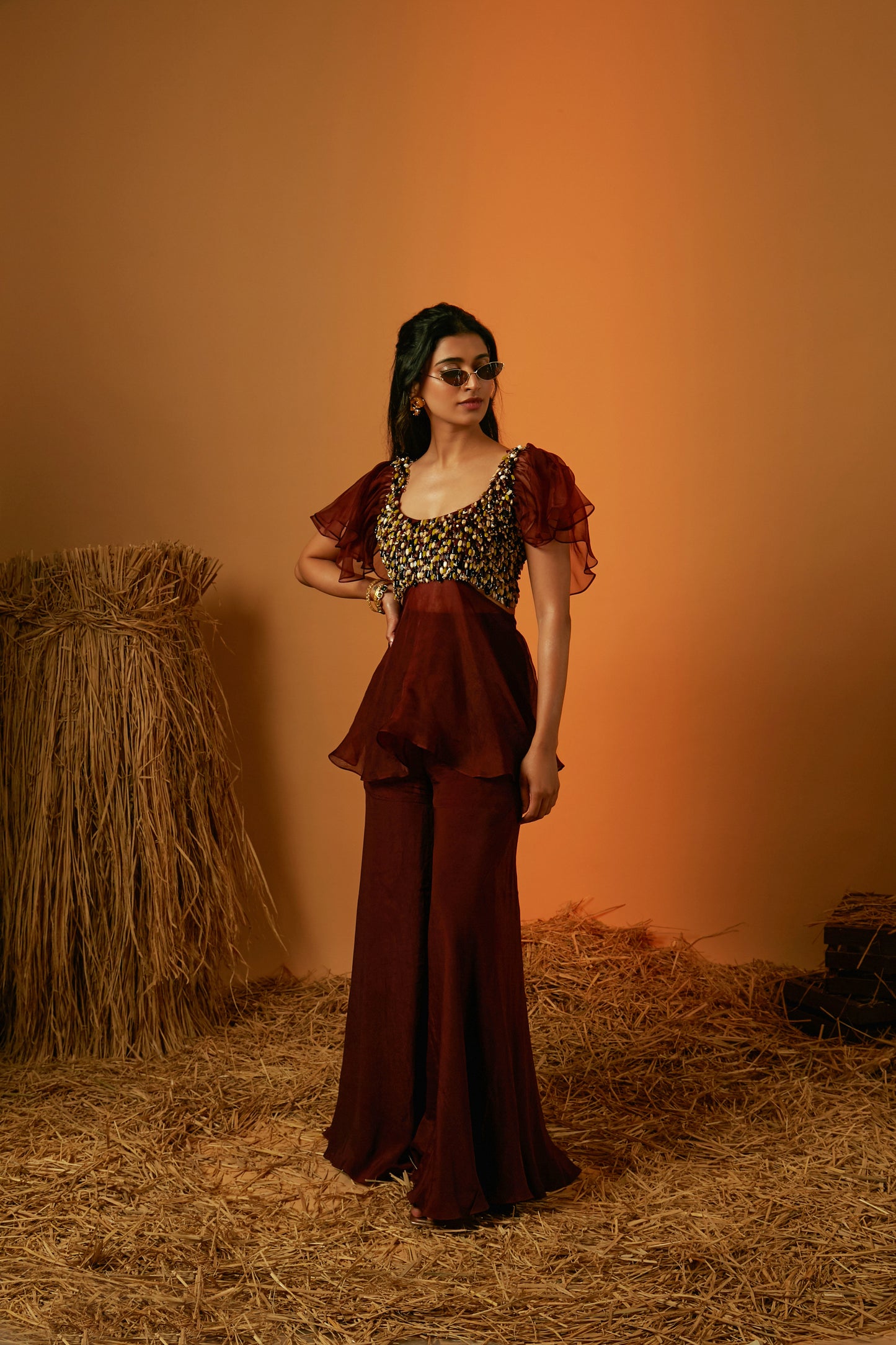 Maroon Crepe Sharara Set