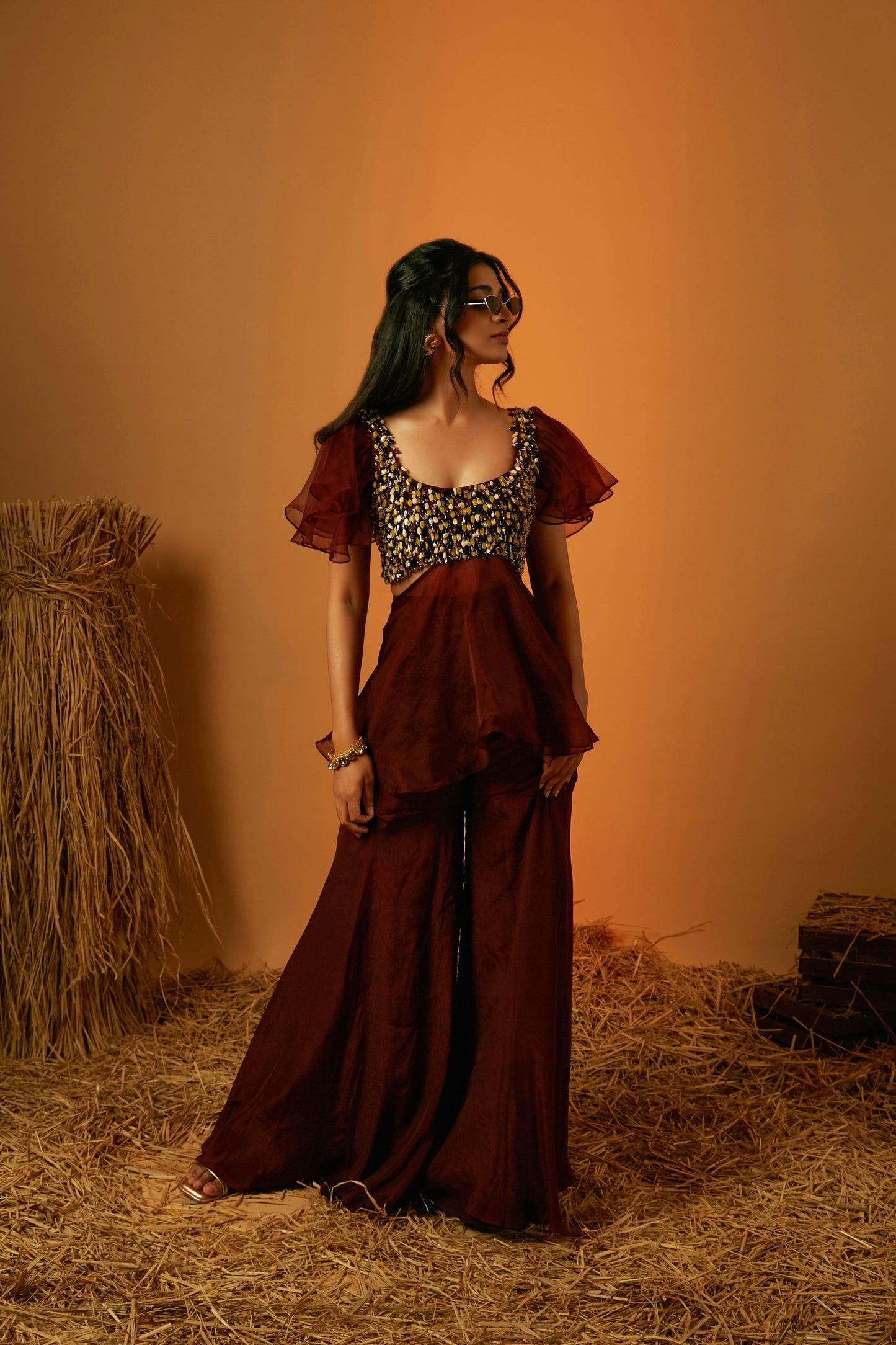 Maroon Crepe Sharara Set